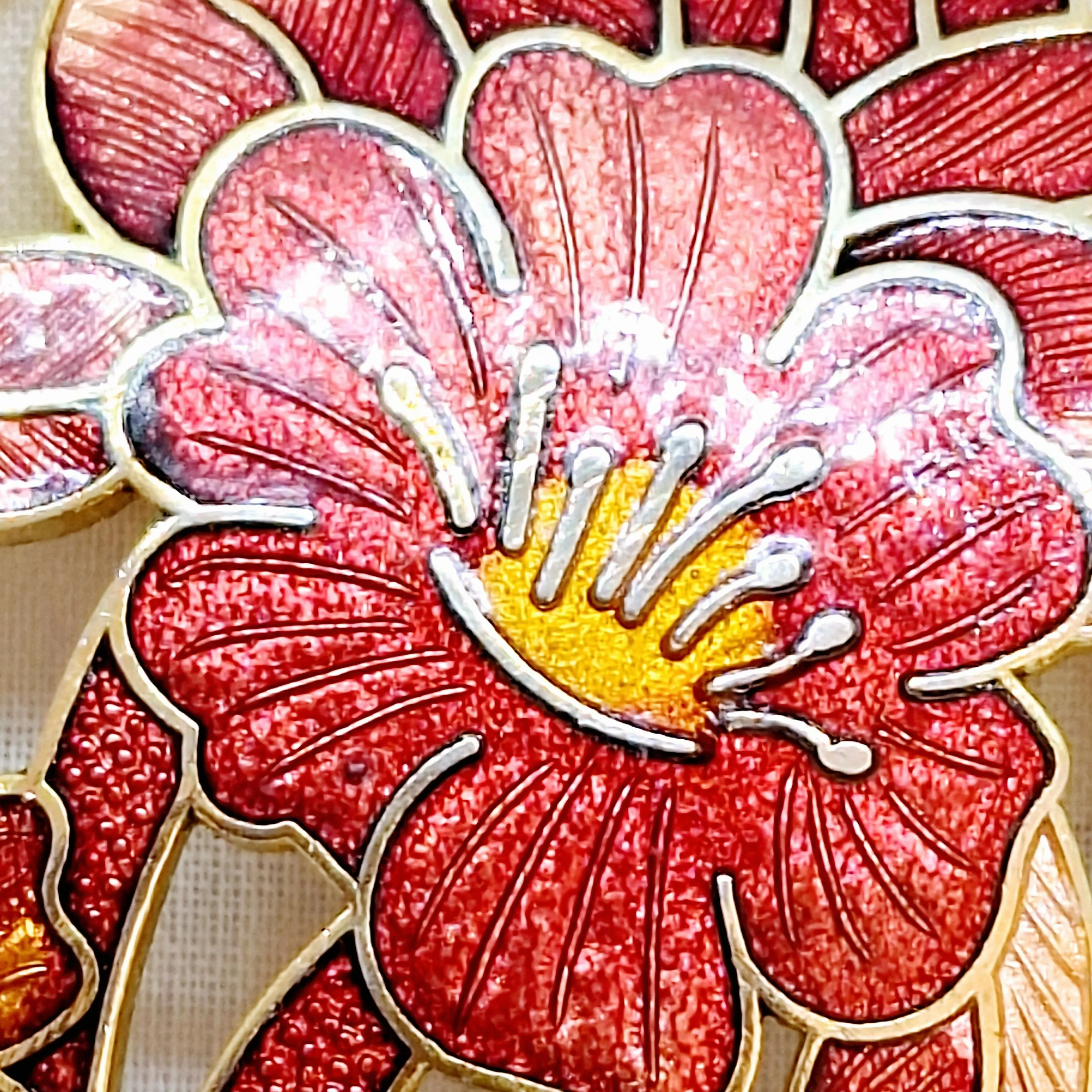 Red Enamel Floral Brooch