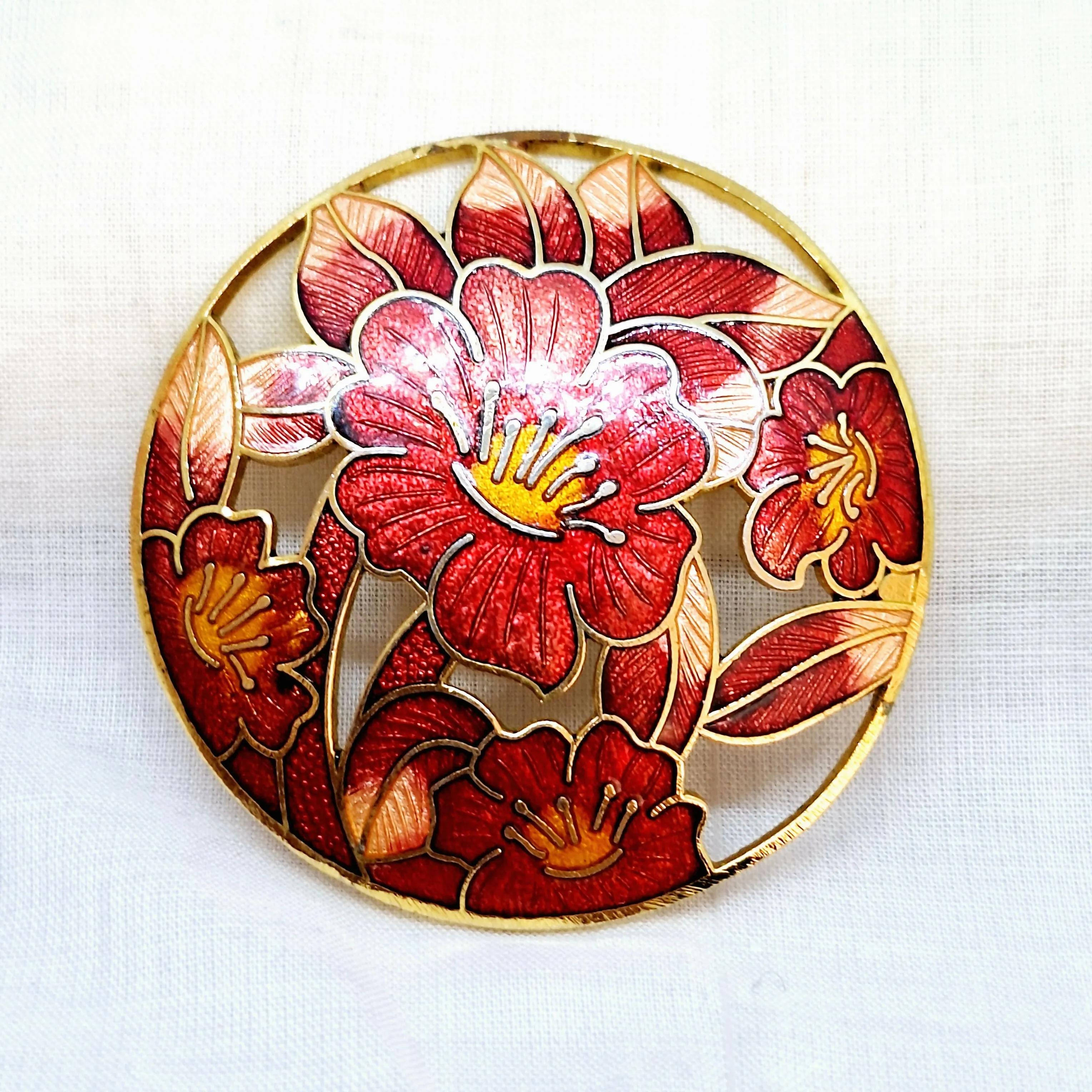 Red Enamel Floral Brooch