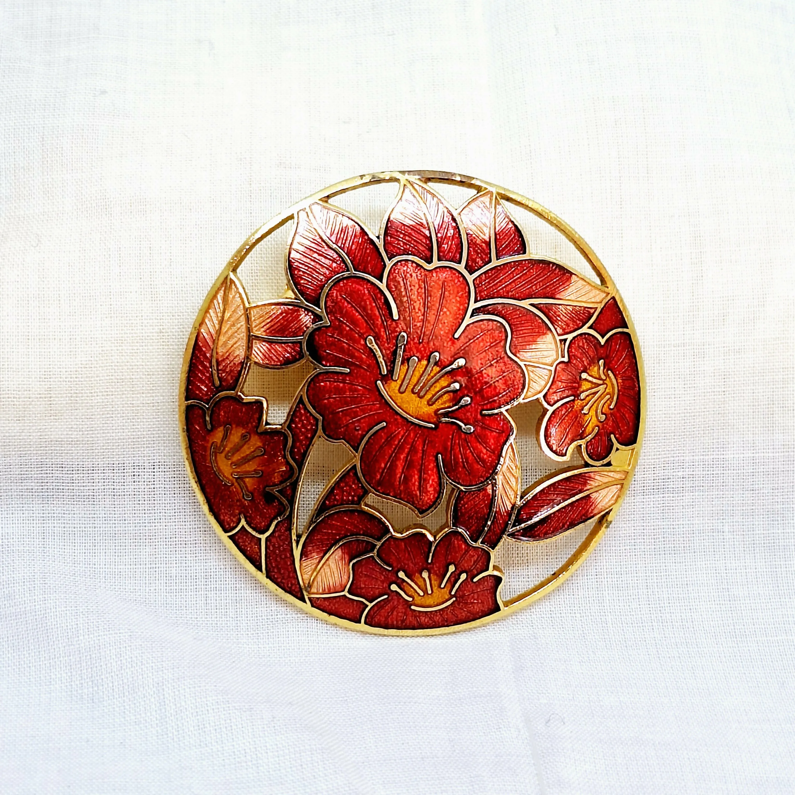 Red Enamel Floral Brooch