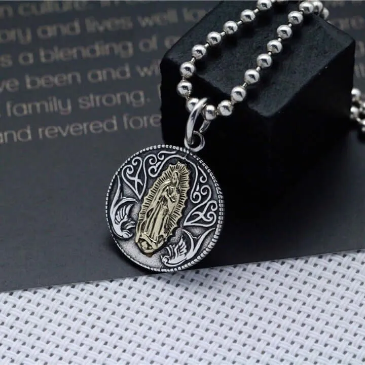 S925 Virgin Mary Silver Coin Reversible Pattern Virgencita Necklace