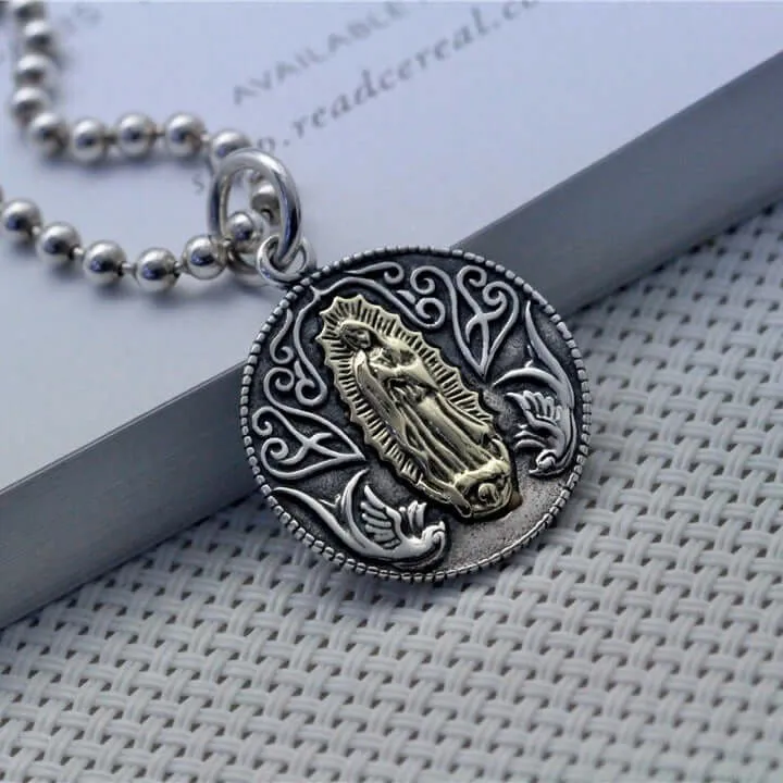 S925 Virgin Mary Silver Coin Reversible Pattern Virgencita Necklace