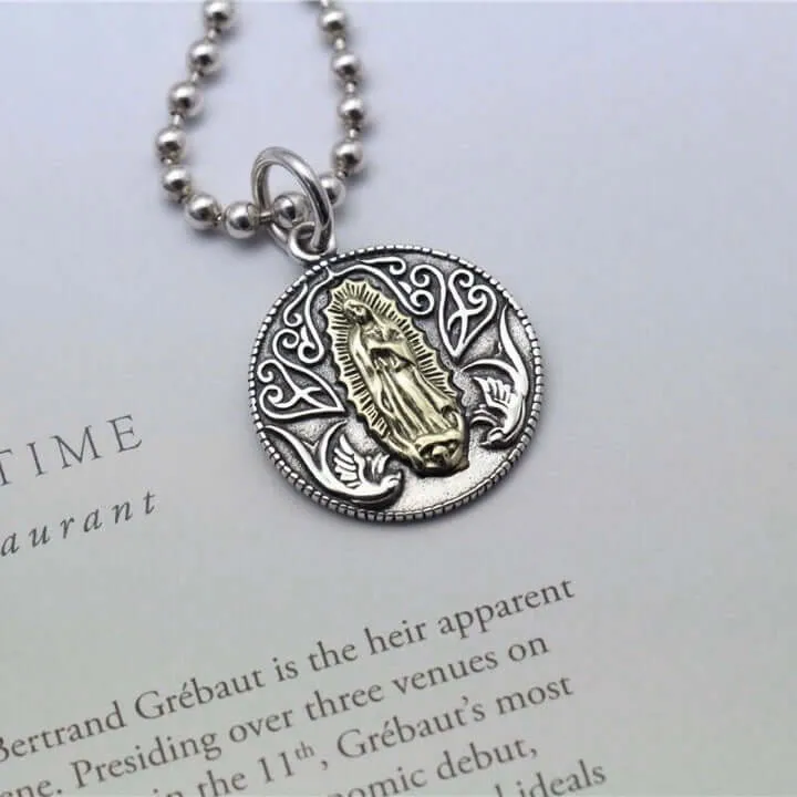 S925 Virgin Mary Silver Coin Reversible Pattern Virgencita Necklace