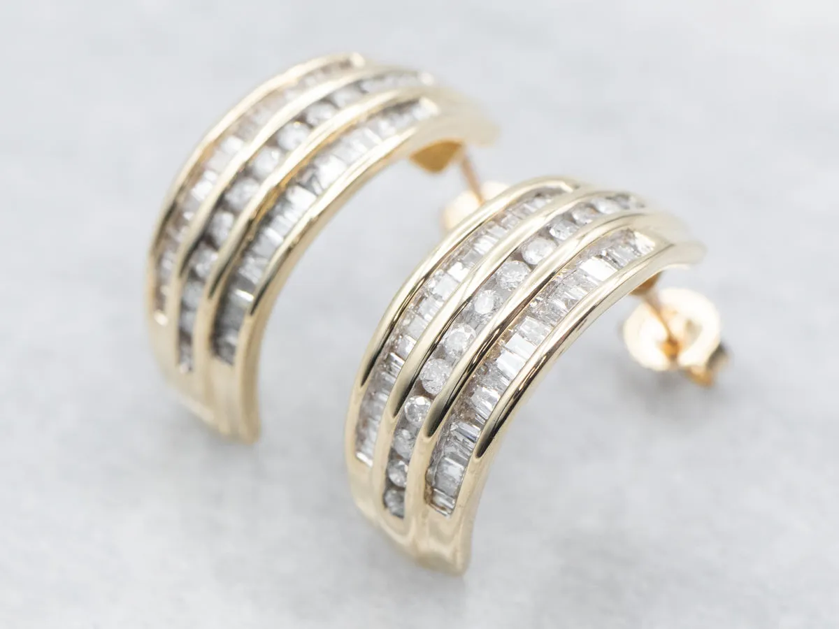 Sparkling Round and Baguette Cut Diamond Hoop Earrings