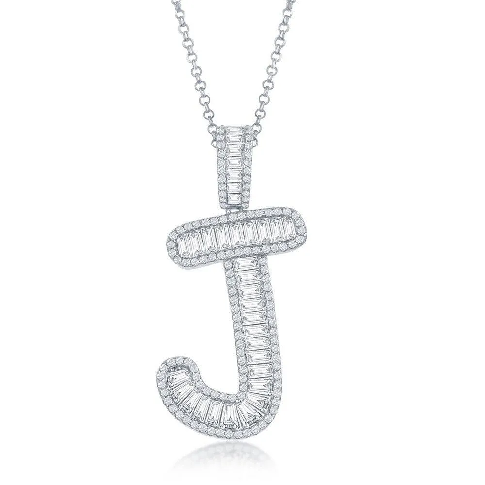 Sterling Silver J Initial Baguette CZ Pendant Chain