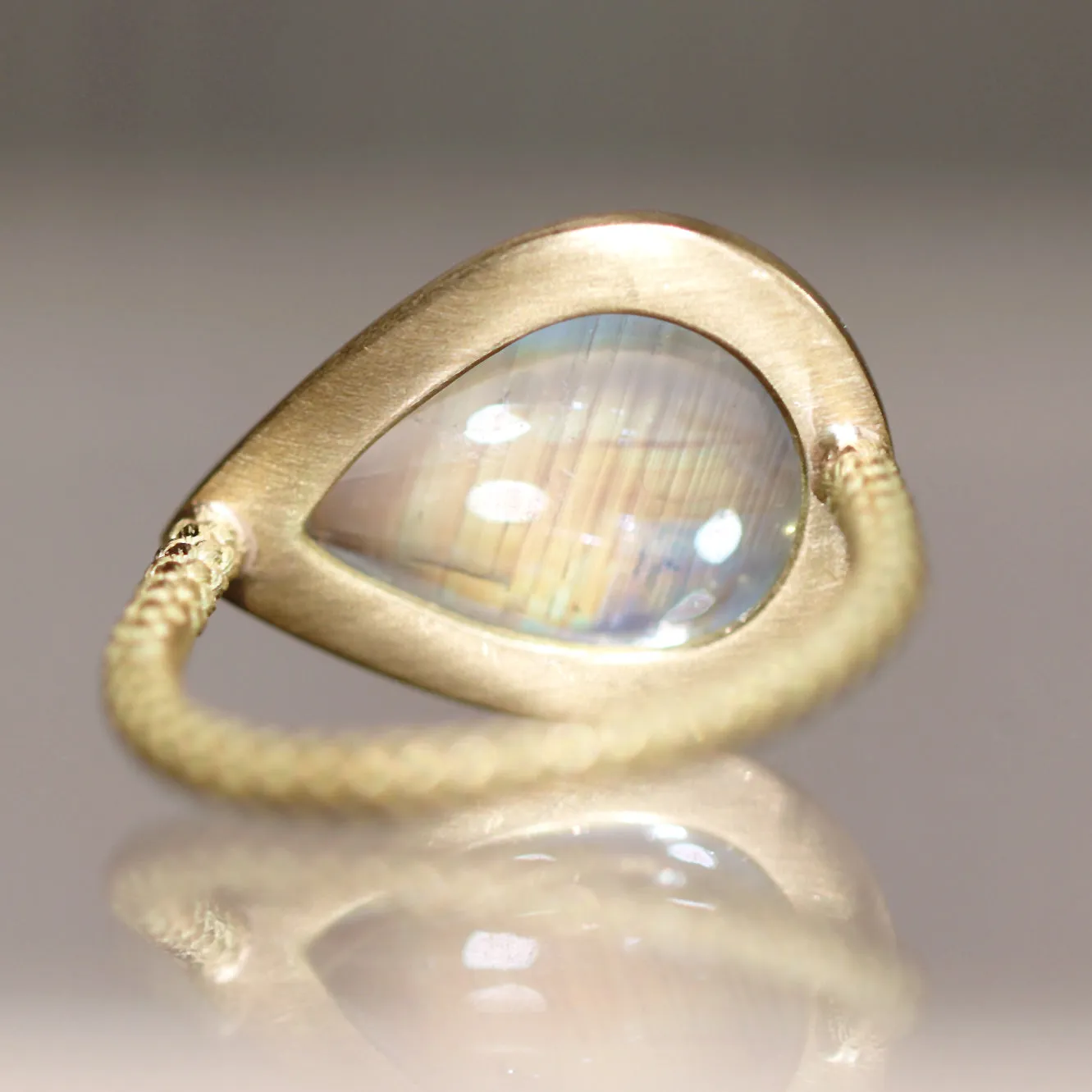 Talkative Rainbow Moonstone Pear Cabochon 22K Gold One of a Kind Ring