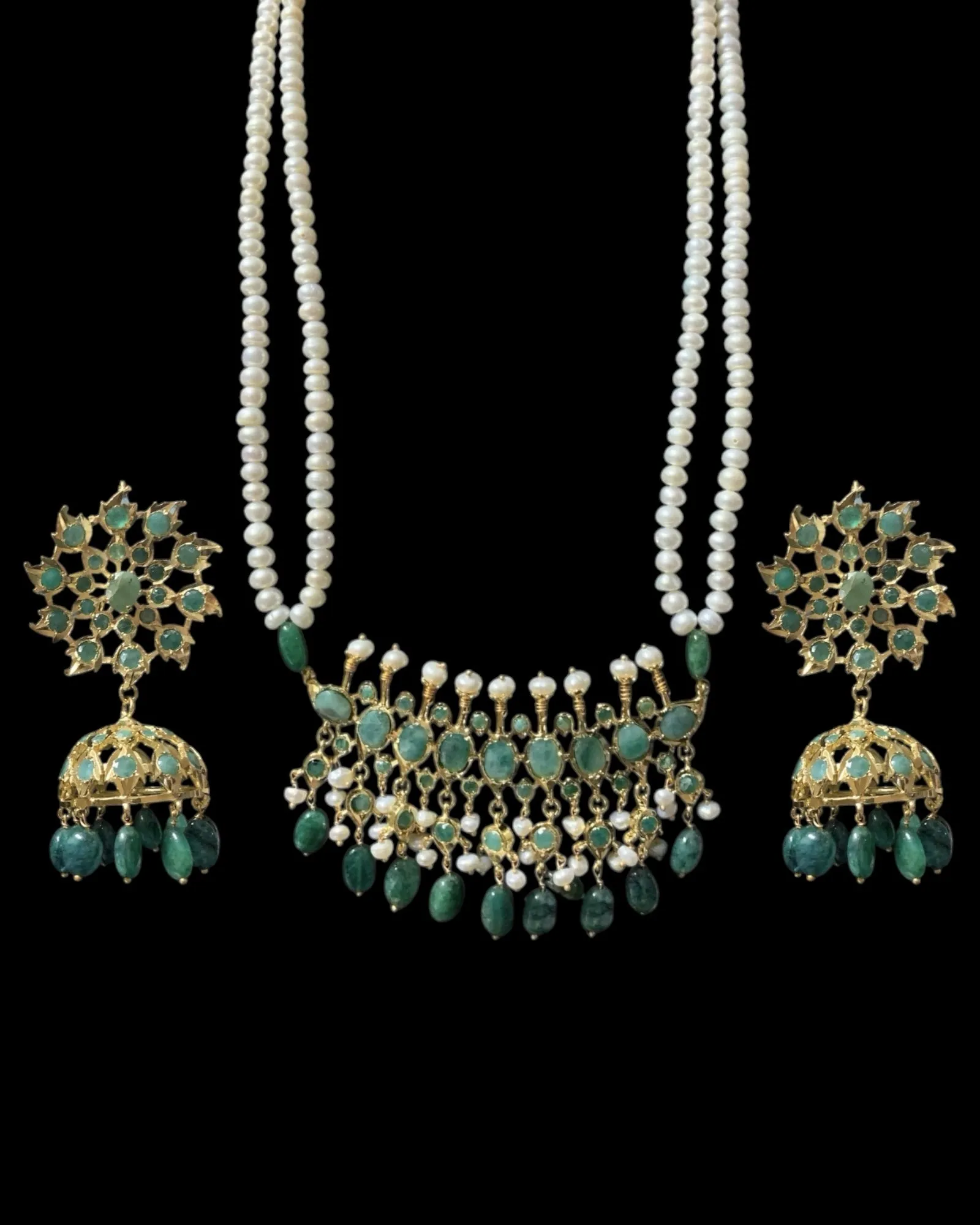 Tirmani Necklace Set with Large Jhumka Earrings ?C 22K Gold-Plated Jewelry with Freshwater Pearls and Emerald Beads ( SHIPS IN 4 WEEKS  )