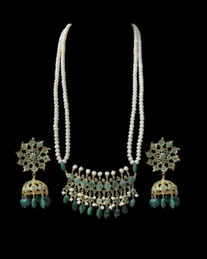 Tirmani Necklace Set with Large Jhumka Earrings ?C 22K Gold-Plated Jewelry with Freshwater Pearls and Emerald Beads ( SHIPS IN 4 WEEKS  )