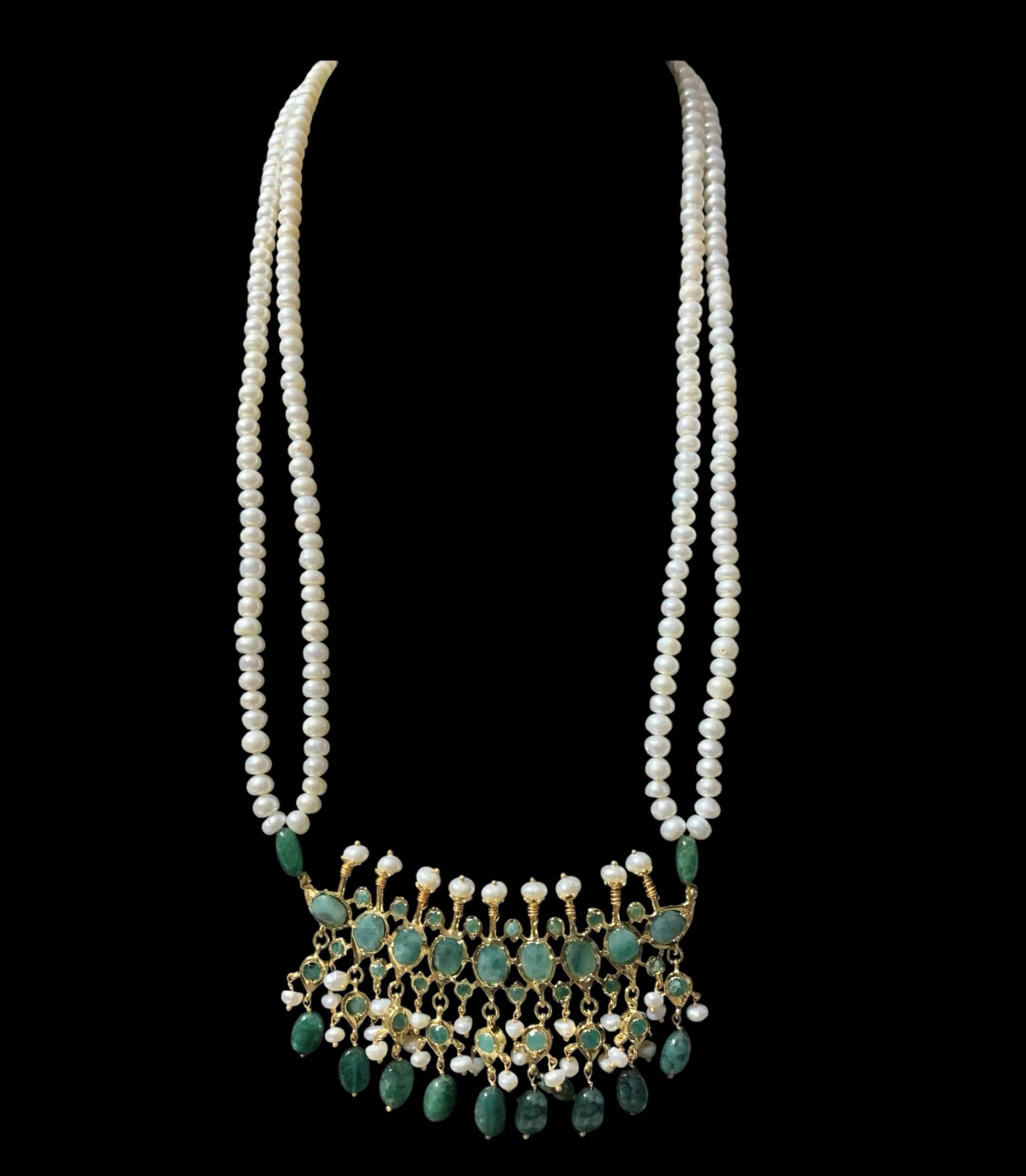 Tirmani Necklace Set with Large Jhumka Earrings ?C 22K Gold-Plated Jewelry with Freshwater Pearls and Emerald Beads ( SHIPS IN 4 WEEKS  )