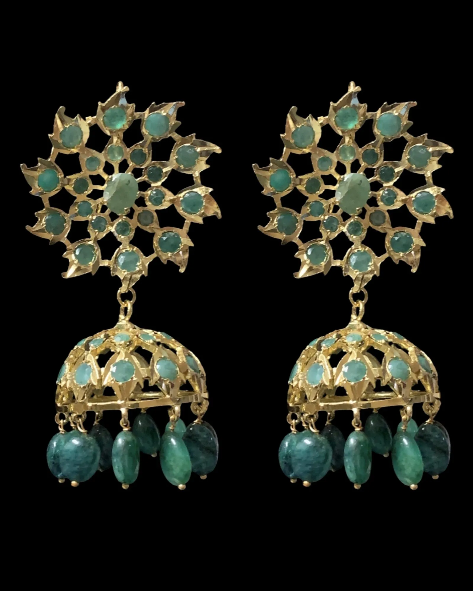 Tirmani Necklace Set with Large Jhumka Earrings ?C 22K Gold-Plated Jewelry with Freshwater Pearls and Emerald Beads ( SHIPS IN 4 WEEKS  )
