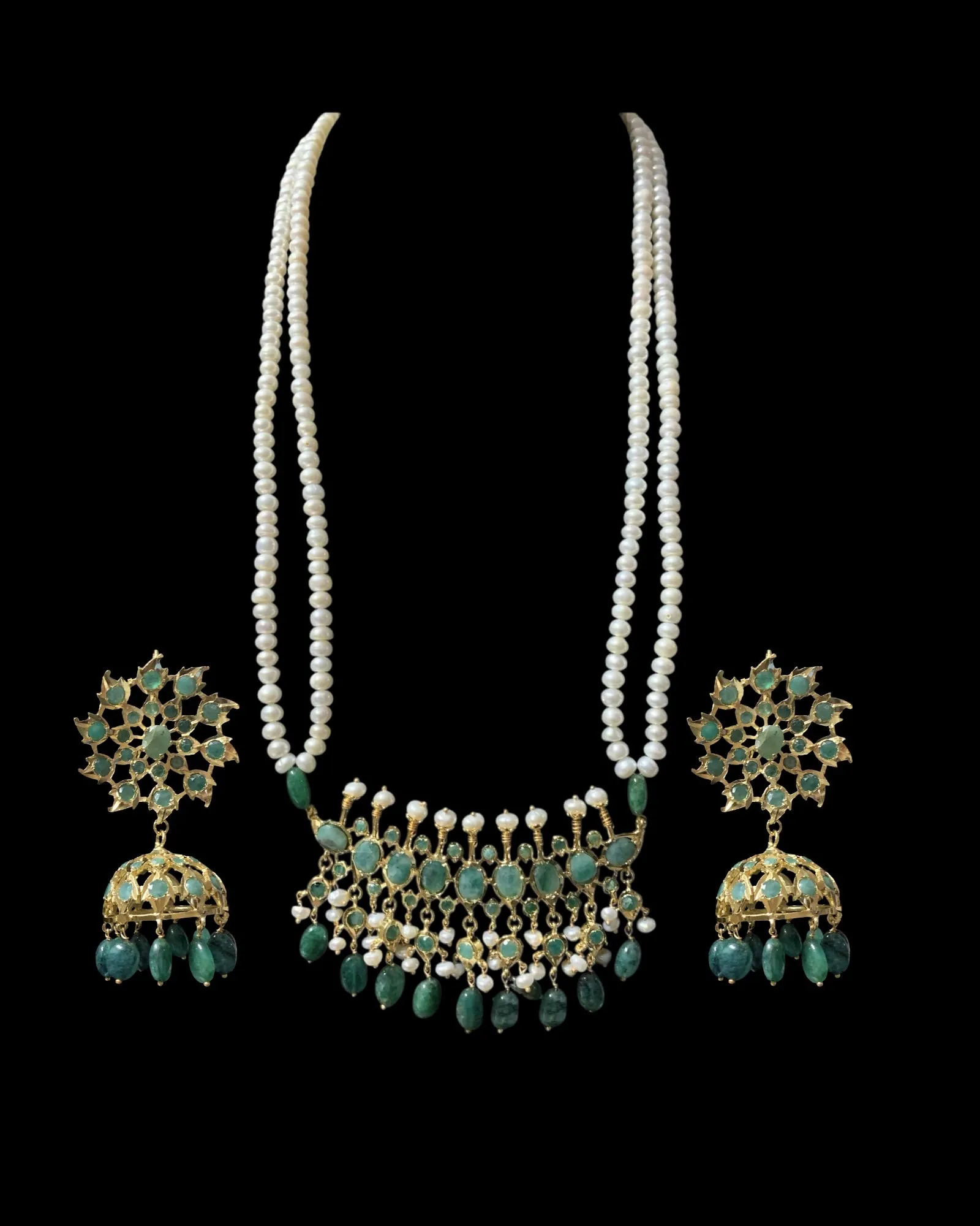 Tirmani Necklace Set with Large Jhumka Earrings ?C 22K Gold-Plated Jewelry with Freshwater Pearls and Emerald Beads ( SHIPS IN 4 WEEKS  )