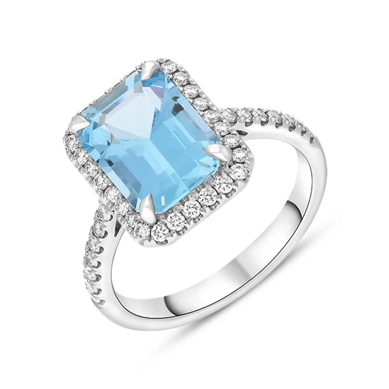 Tivon Platinum Santa Maria Aquamarine Diamond Emerald Cut Cluster Ring