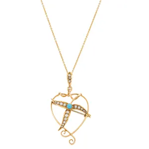 Vintage 15ct Yellow Gold Turquoise & Seed Pearl Heart Pendant