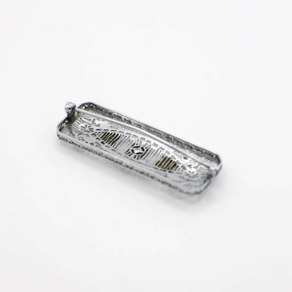 Vintage 1930s May and Malone Rhinestone and Silver Tone Filigree Bar Pin