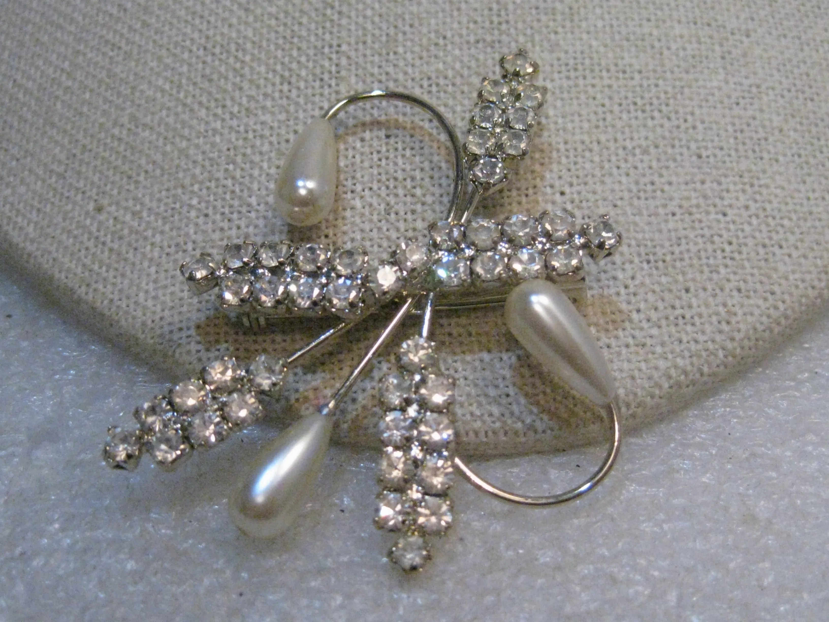 Vintage Art Deco Brooch, Rhinestone & Faux Pearl, Spiral, 2.25", 1960's, Silver Tone