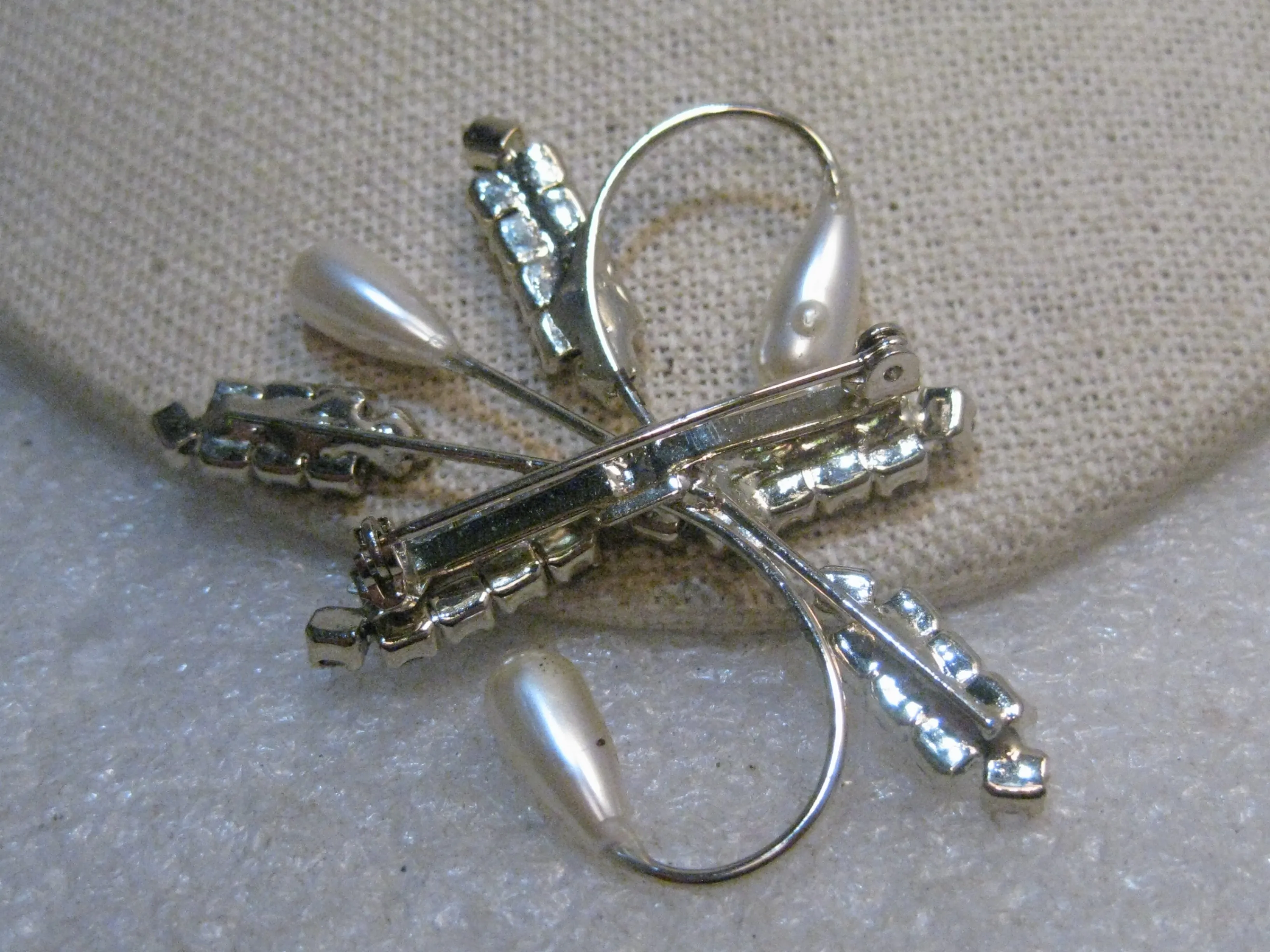 Vintage Art Deco Brooch, Rhinestone & Faux Pearl, Spiral, 2.25", 1960's, Silver Tone