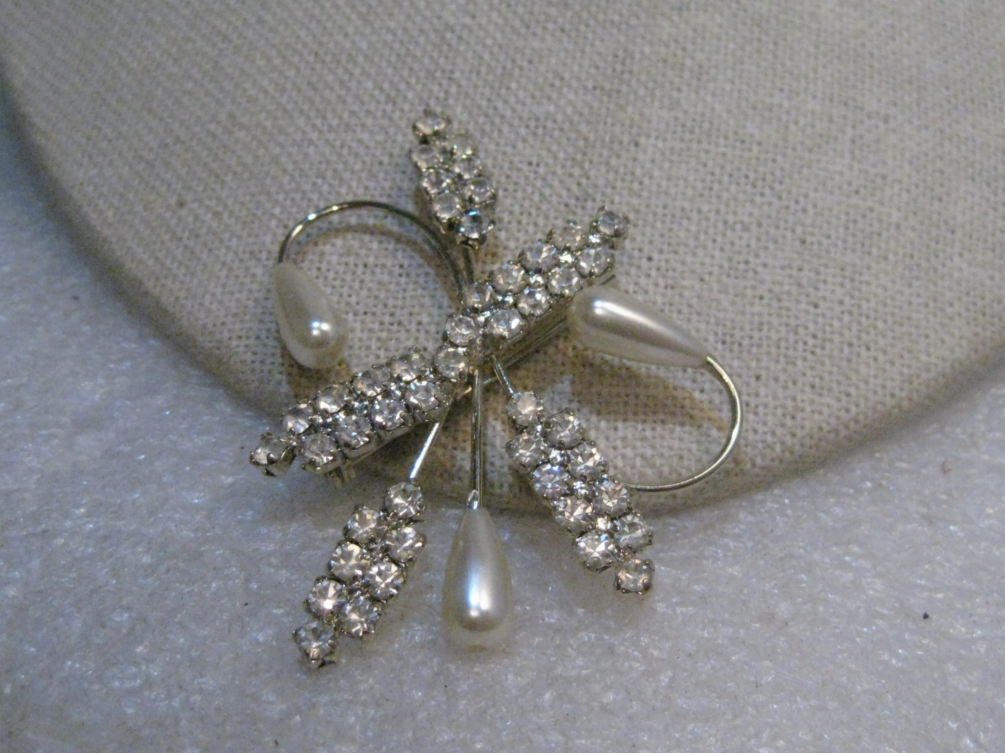 Vintage Art Deco Brooch, Rhinestone & Faux Pearl, Spiral, 2.25", 1960's, Silver Tone