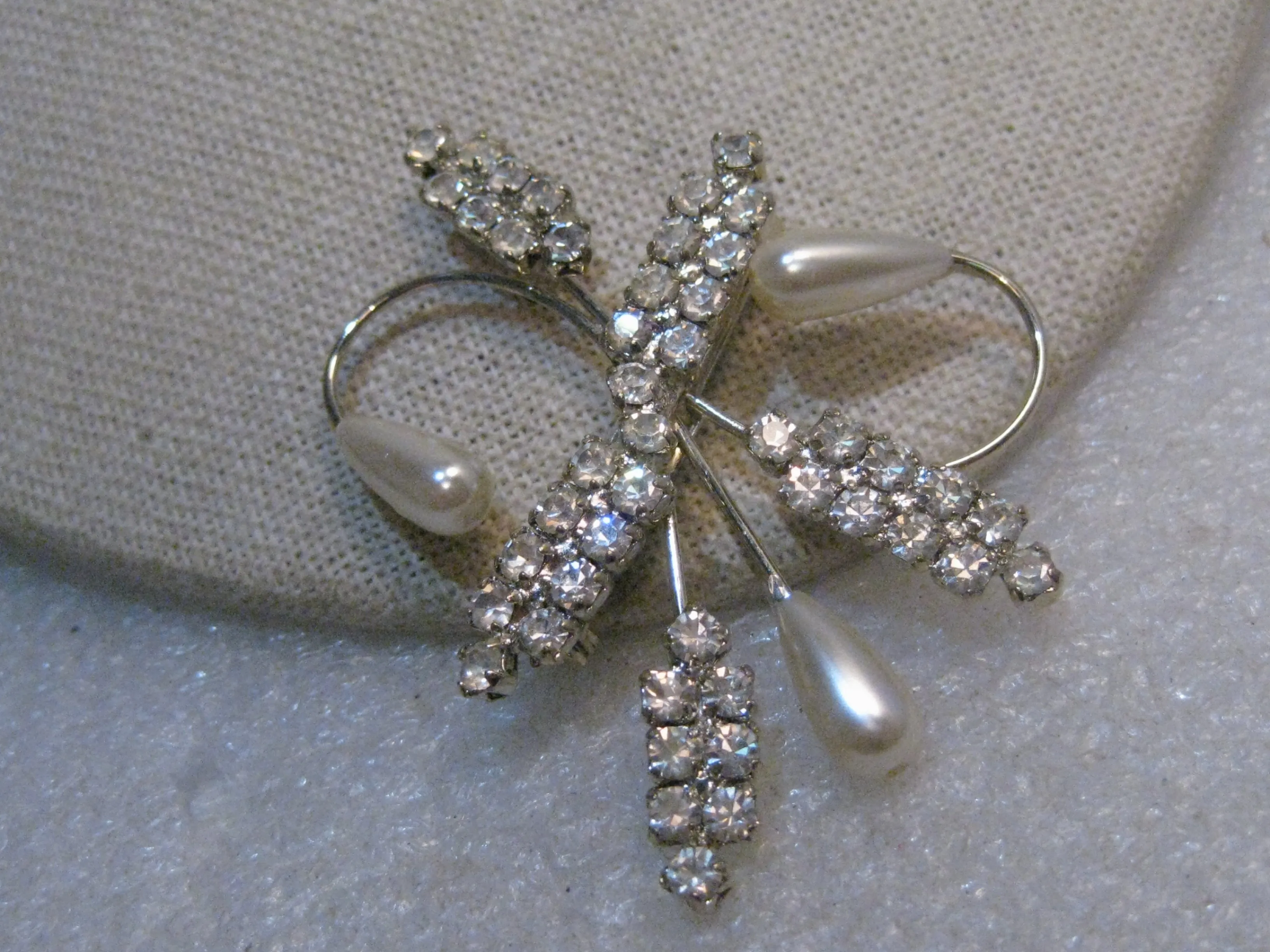 Vintage Art Deco Brooch, Rhinestone & Faux Pearl, Spiral, 2.25", 1960's, Silver Tone