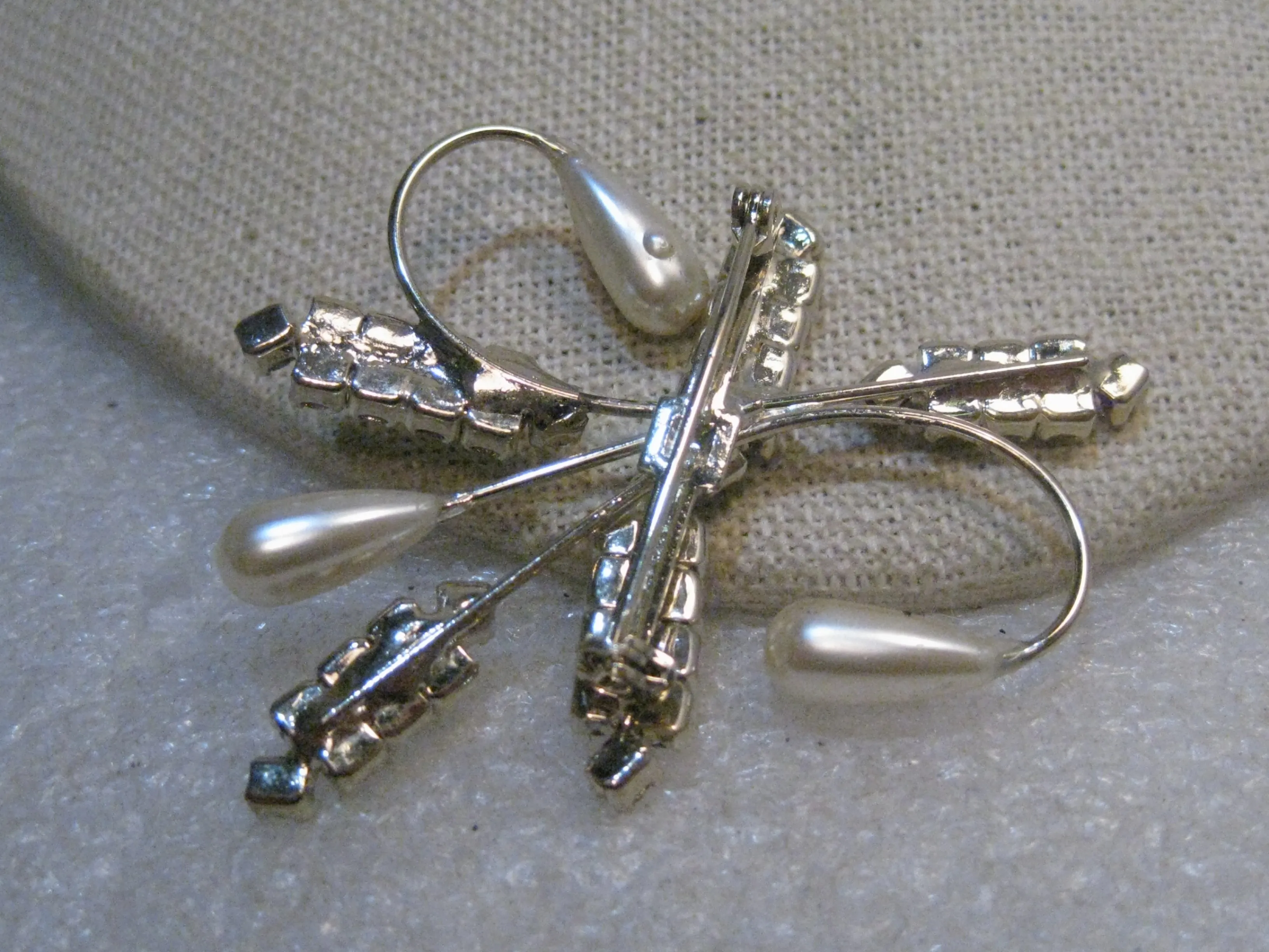 Vintage Art Deco Brooch, Rhinestone & Faux Pearl, Spiral, 2.25", 1960's, Silver Tone