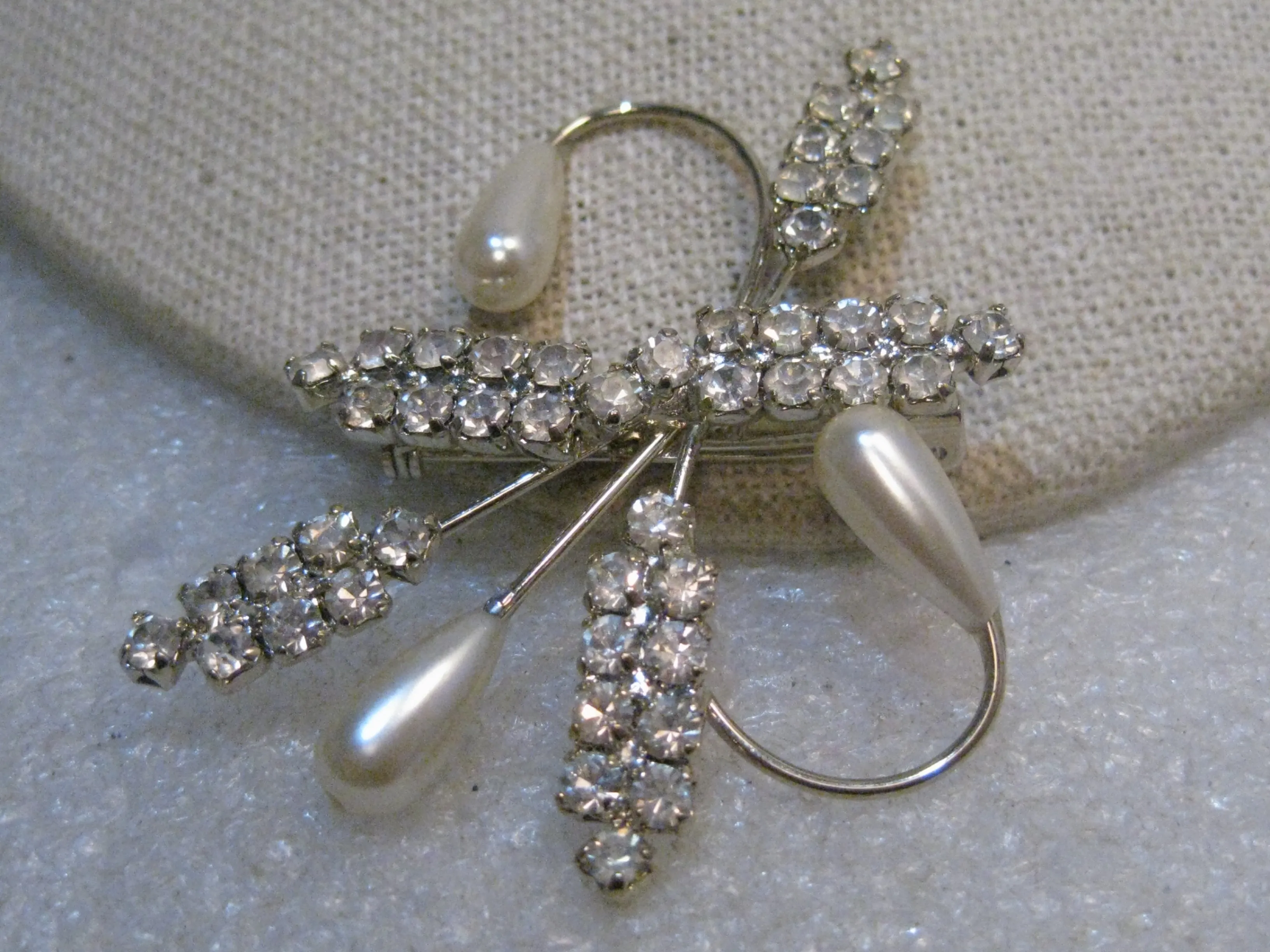 Vintage Art Deco Brooch, Rhinestone & Faux Pearl, Spiral, 2.25", 1960's, Silver Tone