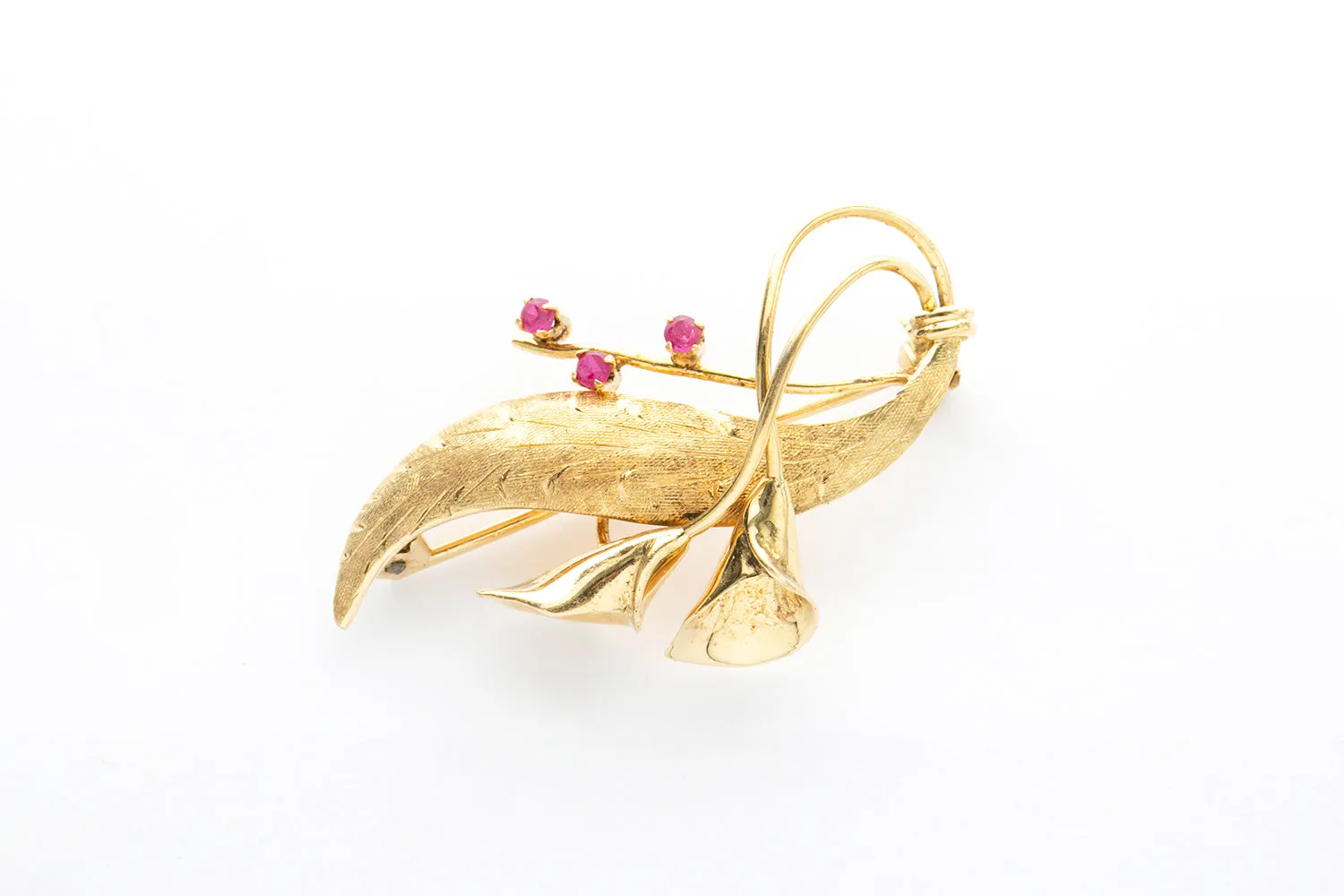Vintage Art Nouveau Pink Sapphire Leaf & Calla Lily Lapel Pin Brooch