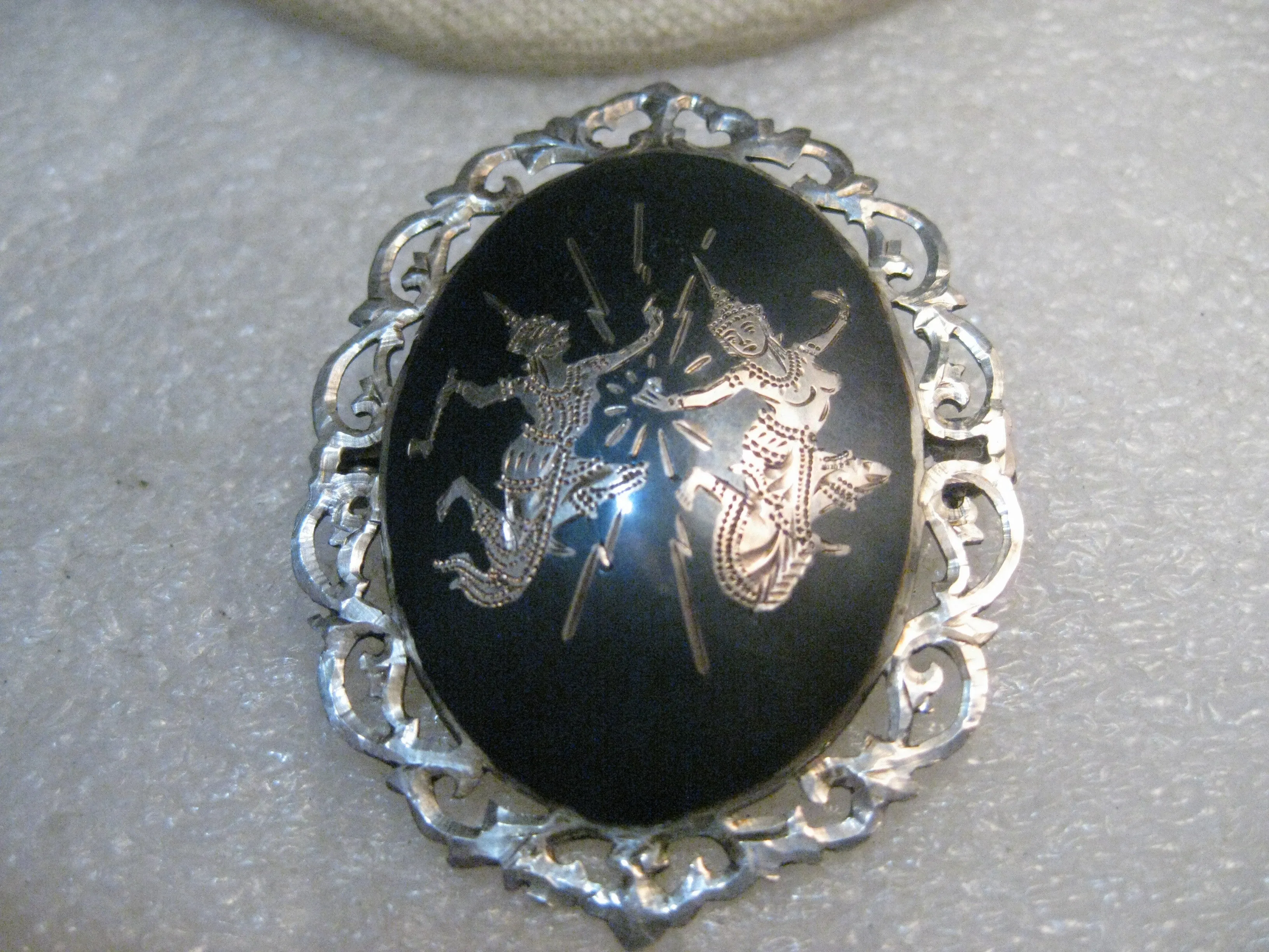 Vintage Sterling Silver Siam Brooch, Filigree Frame, Two Goddesses, 2" tall, 10.99 gr., 1940's.
