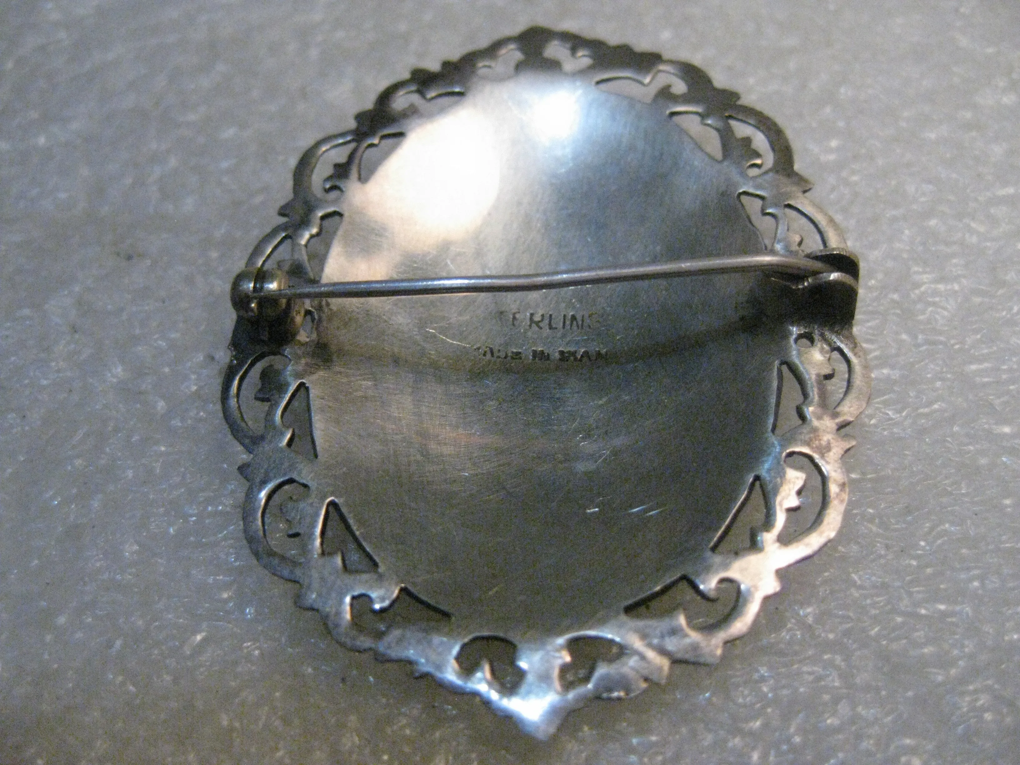Vintage Sterling Silver Siam Brooch, Filigree Frame, Two Goddesses, 2" tall, 10.99 gr., 1940's.