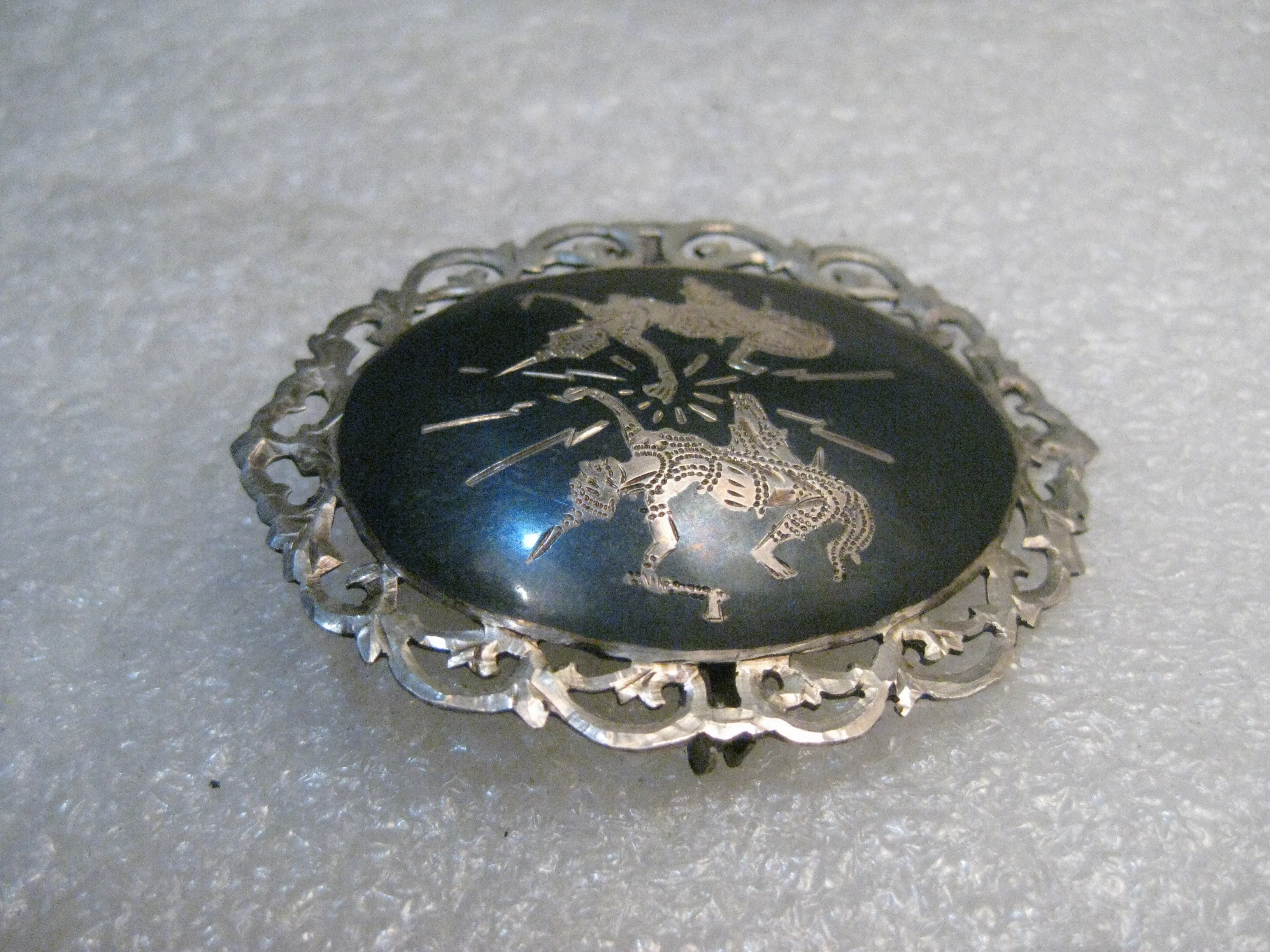Vintage Sterling Silver Siam Brooch, Filigree Frame, Two Goddesses, 2" tall, 10.99 gr., 1940's.