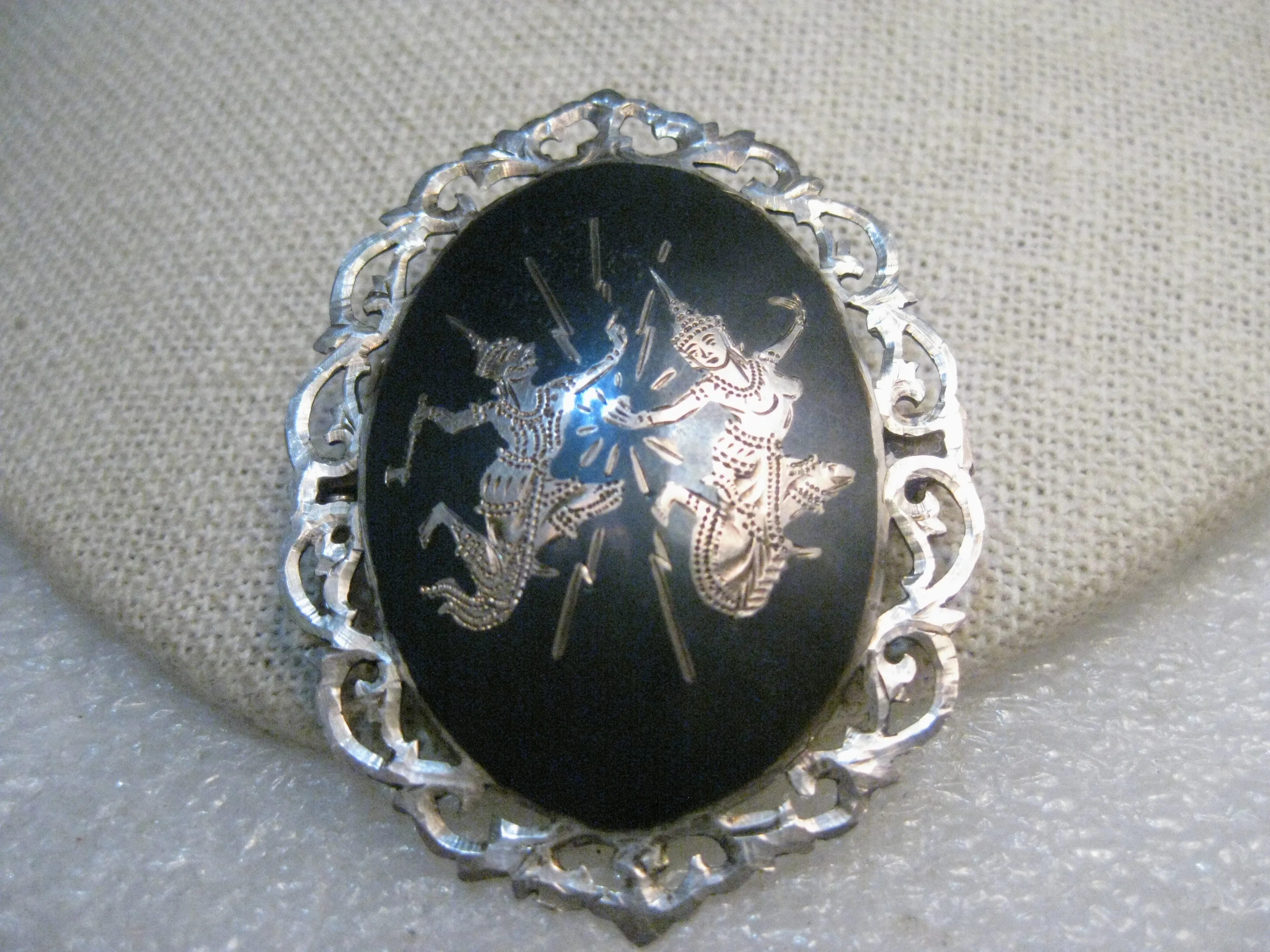Vintage Sterling Silver Siam Brooch, Filigree Frame, Two Goddesses, 2" tall, 10.99 gr., 1940's.