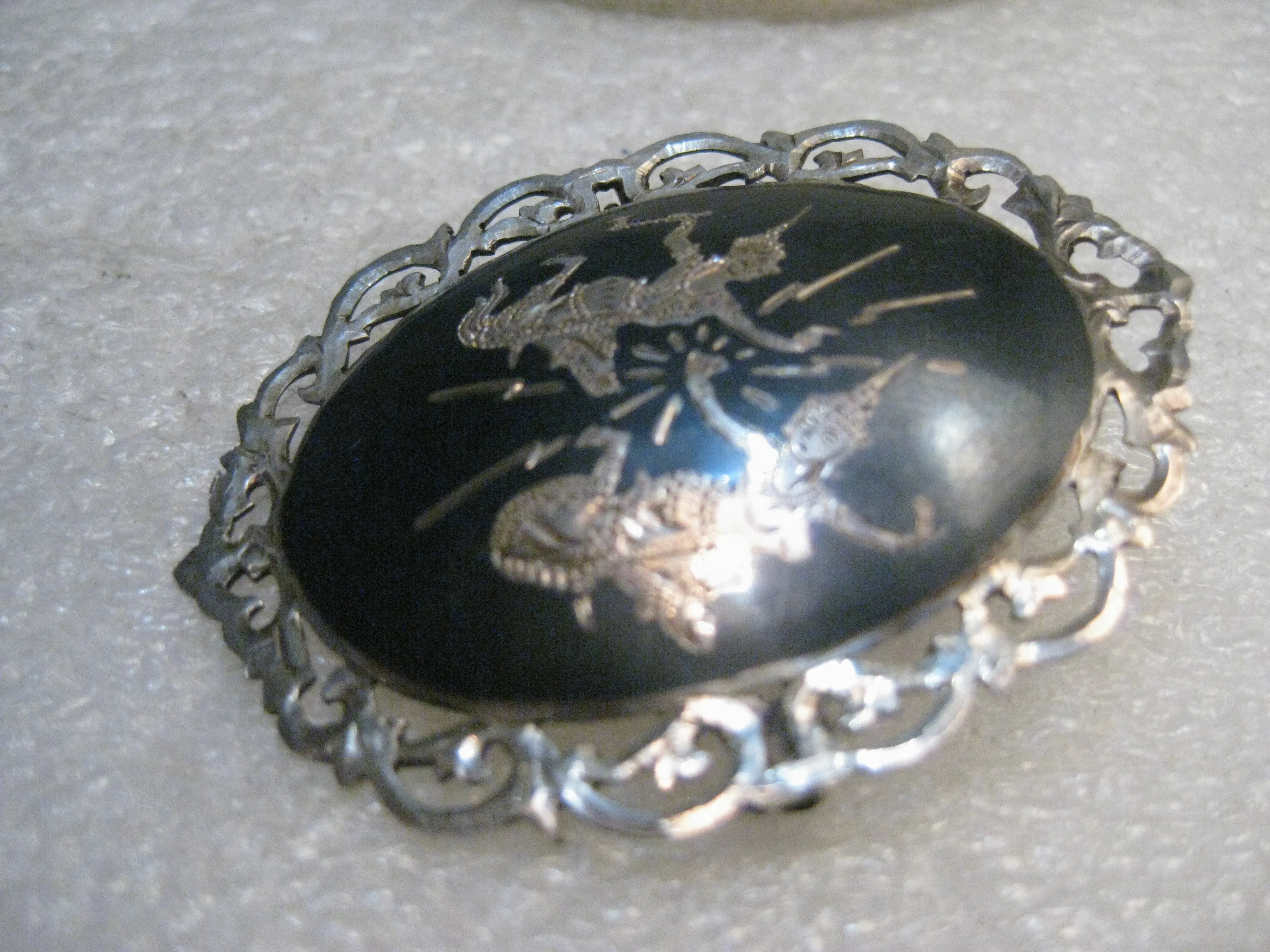 Vintage Sterling Silver Siam Brooch, Filigree Frame, Two Goddesses, 2" tall, 10.99 gr., 1940's.