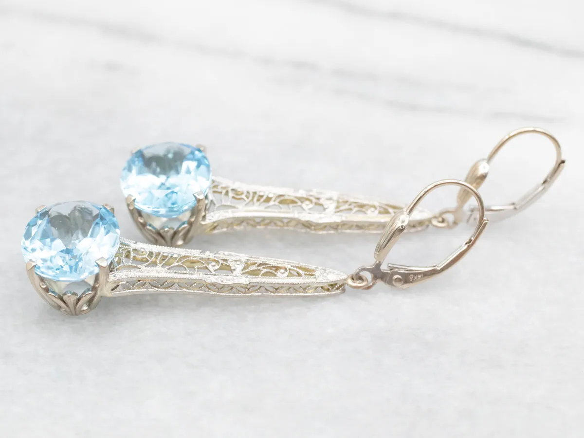 White Gold East West Blue Topaz Filigree Drop Earrings