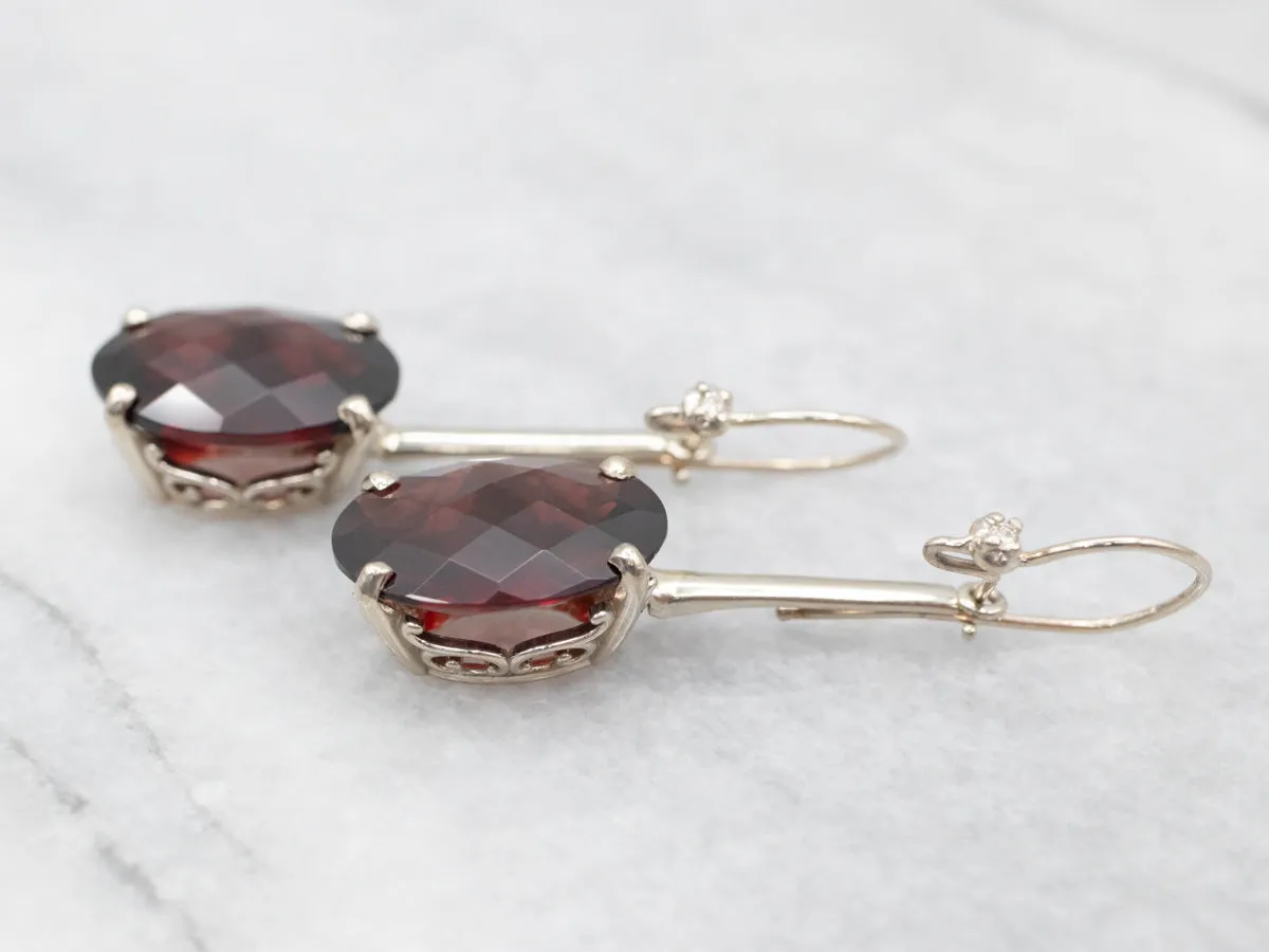 White Gold Garnet Drop Earrings with Diamond Accents