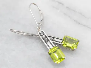 White Gold Peridot Deco Bar Drop Earrings