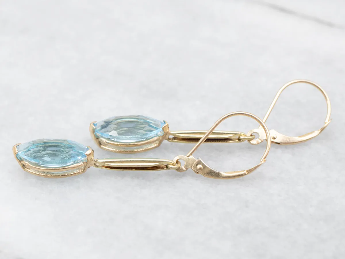 Yellow Gold Marquise Cut Blue Topaz Bar Drop Earrings