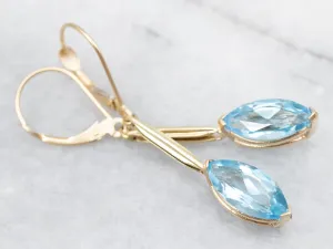Yellow Gold Marquise Cut Blue Topaz Bar Drop Earrings
